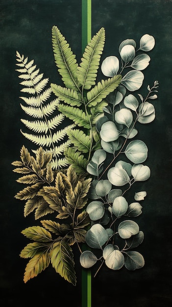 Photo detailed botanical illustration of various leaf types on dark background