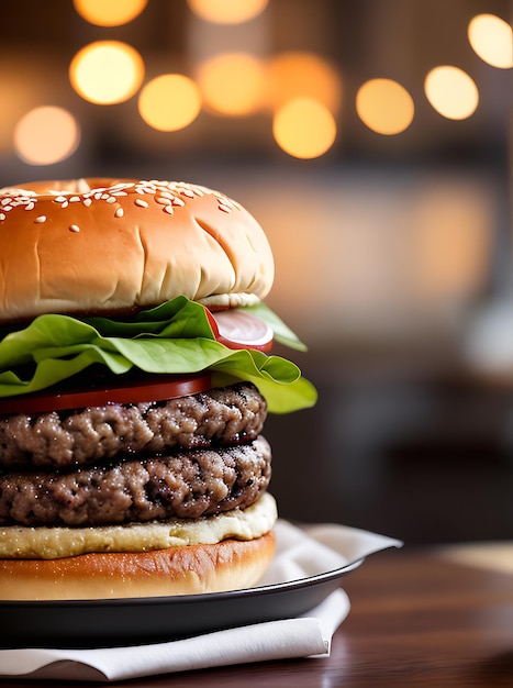 Detailed burger neutral cozy warm restaurant closeup