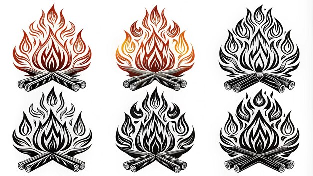 Photo detailed campfire icons set barbaric tribal monochrome