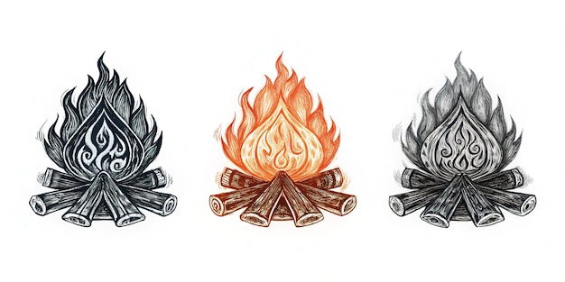 Photo detailed campfire icons set barbaric tribal monochrome