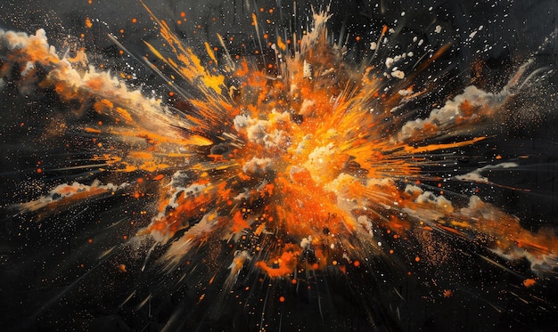 Photo detailed capture of an explosion in motion against a black background