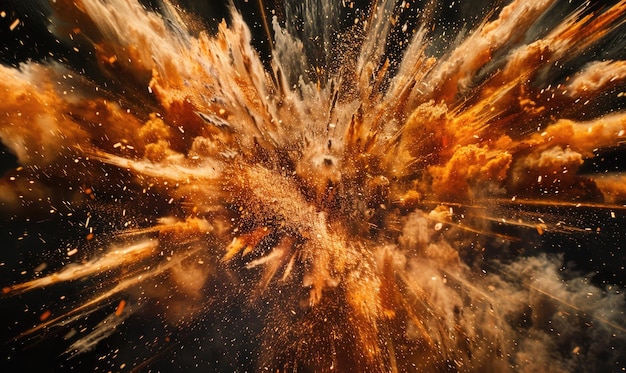 Photo detailed capture of an explosion in motion showcasing the fiery bursts against a black backdrop