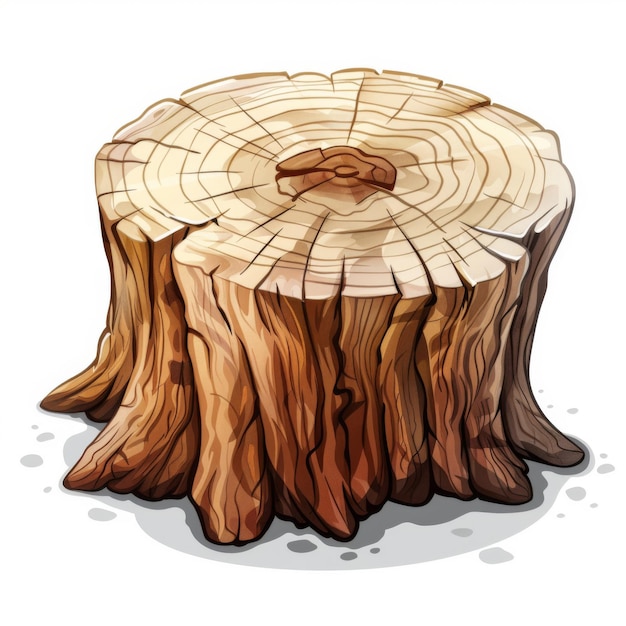 Photo detailed cartoon illustration of a tree stump with exposed rings and textured bark