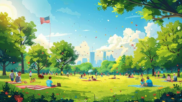 Detailed cartoon vector of a city park filled with families celebrating Independence Day with picnic blankets kites flying and a large flag display Generative AI