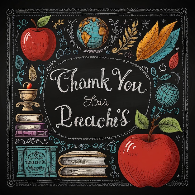 Photo detailed chalkboard illustration with educational icons and thank you teacher message