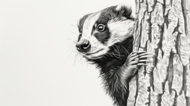 Photo a detailed charcoal drawing of a badger leaning against a tree showcasing intricate textures