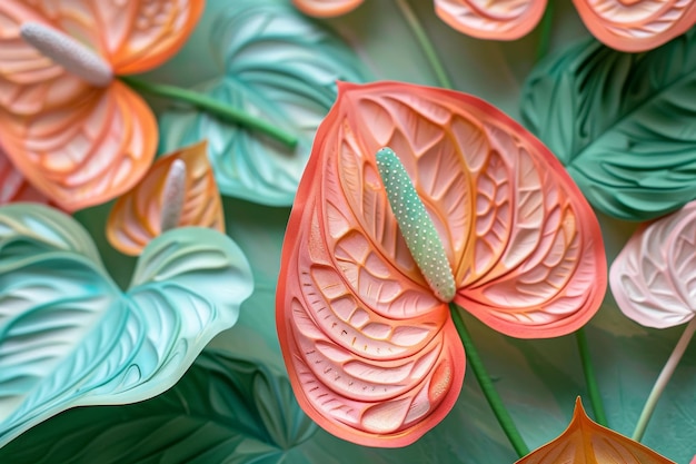 Detailed Close Up of Anthurium Flower With Abundant Leaves