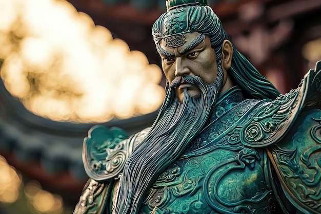 Photo a detailed close up of chinese god of war guan yu showcasing his fierce expression and ornate armor