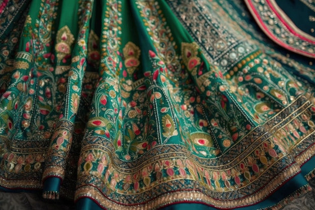 Detailed close up of a green and gold sari fabric Generative AI