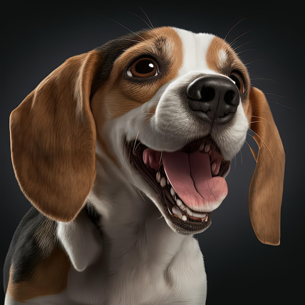 A detailed close up of a happy beagle puppy