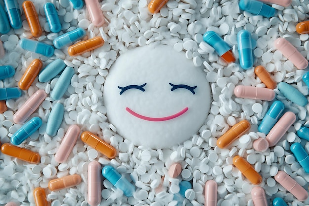 Photo a detailed close up of a happy face surrounded by various colorful pills and capsules symbolizing t