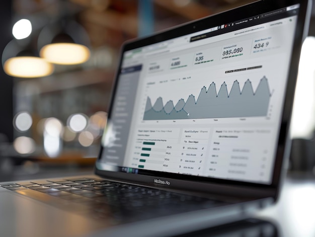 Photo detailed close up of a laptop screen displaying financial data analytics dashboard