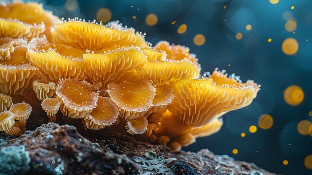 Detailed Close up Shot of Vibrant Yellow Fungi Growing on Bread Slice with Visible Hyphae Structures