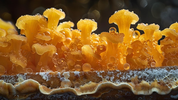 Detailed Close up of Vibrant Yellow Fungi Growing on Bread Slice with Visible Hyphae Structures