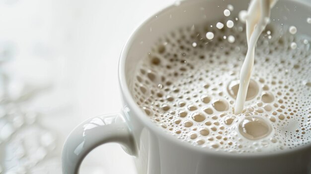 Detailed close up white milk bubbles in a white cup on a table surface in a macro shot