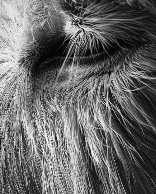 A detailed closeup of an animals fur each strand appearing distinct and unique black and white art