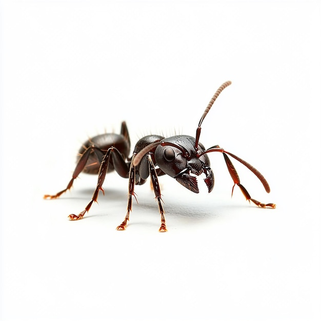 Detailed closeup of an ant on a clean white background showcasing its texture and features