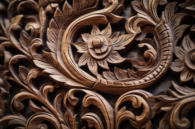 A detailed closeup of a beautifully carved flower This picture can be used to enhance floral designs or showcase intricate woodwork