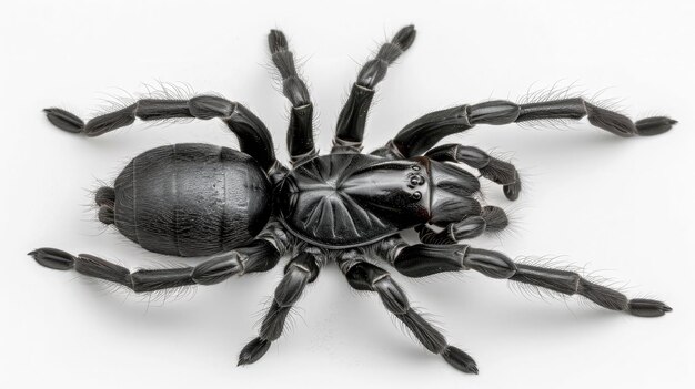 Photo detailed closeup of a black spider on a white background captured in natural light