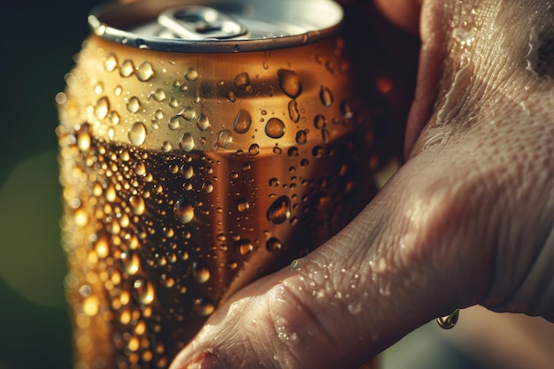 Photo a detailed closeup capturing a hand firmly gripping a cold beverage can with condensation beads