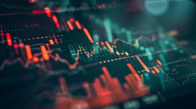 A detailed closeup of a computer screen displaying a dynamic stock chart