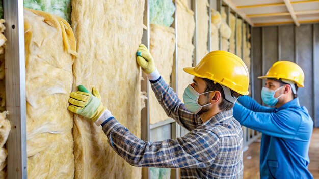 Photo detailed closeup of construction workers applying insulation for enhanced energy efficiency in build