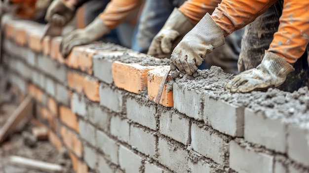 Photo a detailed closeup of construction workers carefully laying bricks for a new wall emphasizing the precision and craftsmanship involved in masonry work