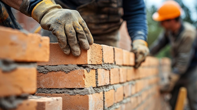 Photo a detailed closeup of construction workers carefully laying bricks for a new wall emphasizing the precision and craftsmanship involved in masonry work