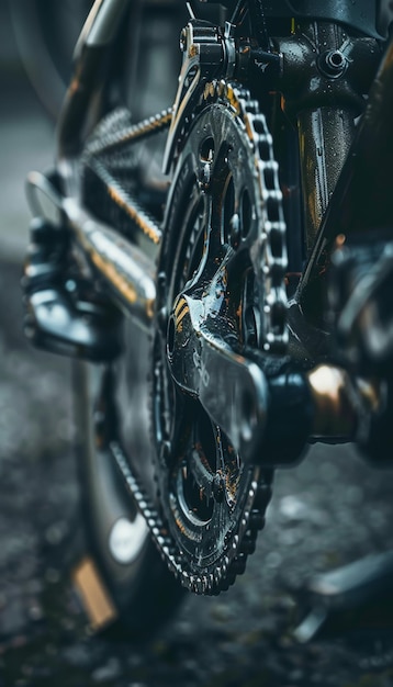 Photo detailed closeup of cyclists bike gears and chain motion for mechanical and sports themes