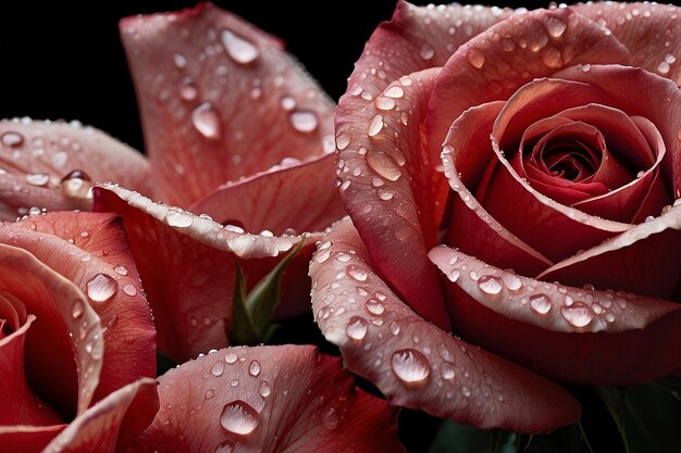 Detailed CloseUp of Dewy Red Rose Petals Against Black