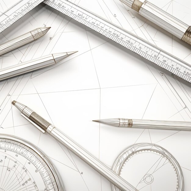 Photo a detailed closeup of a drawing compass pencil and ruler lying on an architectural sketch niji 6 job id f8dc7630ff8342b08d3608356f1b837a