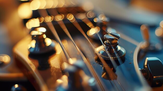 Photo detailed closeup of an electric guitar headstock with shiny hardware for music posters and prints