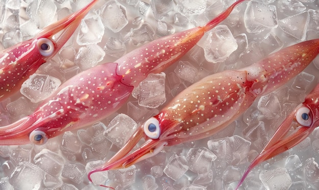 detailed closeup of frozen squid surrounded by ice cubes highlighting texture and freshness