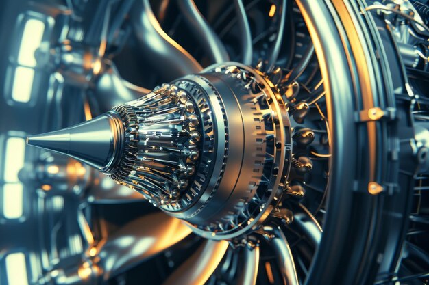 Photo a detailed closeup of a futuristic jet engine showcasing intricate engineering with metallic textures and complex mechanical parts