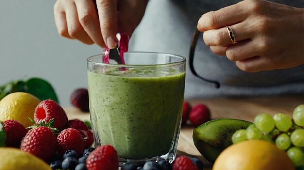 Photo a detailed closeup of hands preparing a healthy smoothie