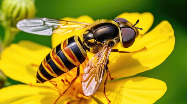 A detailed closeup of a hoverfly a master of deception in the insect world with its bright yellow