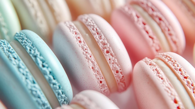 Photo detailed closeup of macarons in soft pastel tones highlighting their delicate appearance and smooth glossy finishes