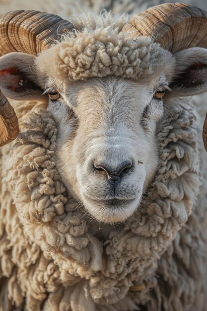 Photo detailed closeup of a merino sheep in natural setting