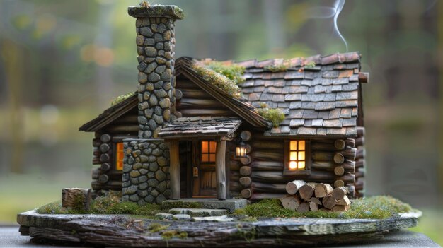 Photo detailed closeup of a miniature rustic log cabin model