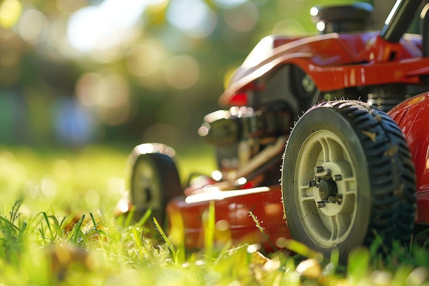 Detailed CloseUp of a Modern Lawn Mower with Safety Features for Gardening and Landscaping