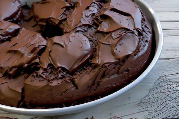 Detailed closeup of a moist and fluffy chocolate pie or cake with a generous layer of creamy brigadeiro AI generated