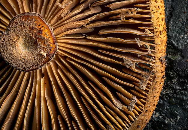 A detailed closeup of a mushroom cap showing off its intricate gills against a dark background that enhances its natural beauty