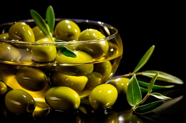 Detailed closeup of olives soaking in olive oil for World Olive Day tribute