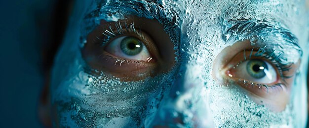 Detailed closeup of a persons eyes with a blue facial mask highlighting their intense gaze and skin