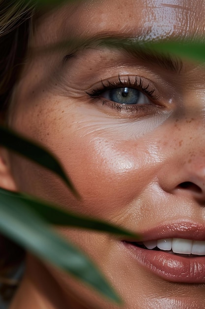 Detailed CloseUp Photo of a Middleaged Woman in Her 40s with Glowing Healthy Skin Without Makeup