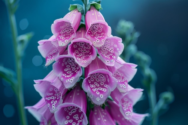 Detailed CloseUp of Purple Foxglove Digitalis Purpurea Flowers with Dew Drops in Soft Focus