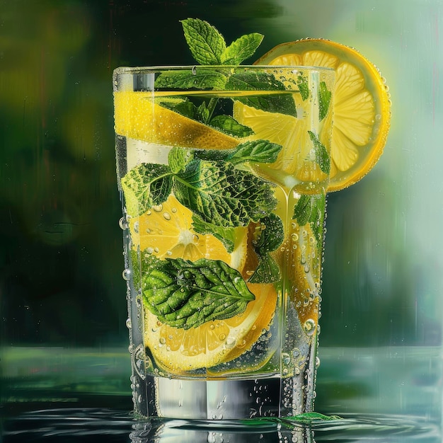 Detailed closeup of refreshing lemon mint water glass hydration and health concept