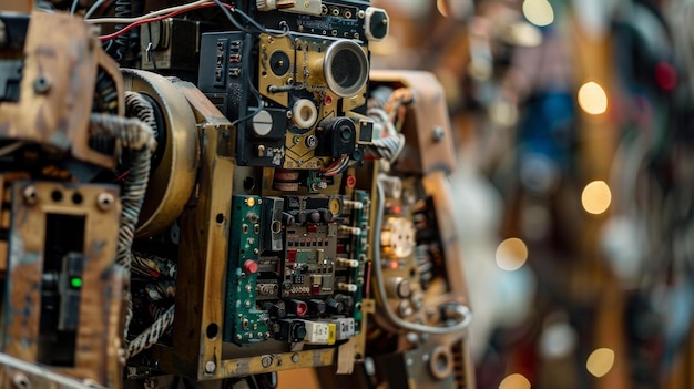 Photo detailed closeup of robot halloween costume control panel showcasing intricate wiring and components