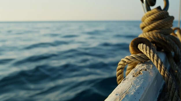 Photo a detailed closeup of a rope neatly coiled on a boats edge with the vast calm sea and a soft horizon stretching out under a clear sky