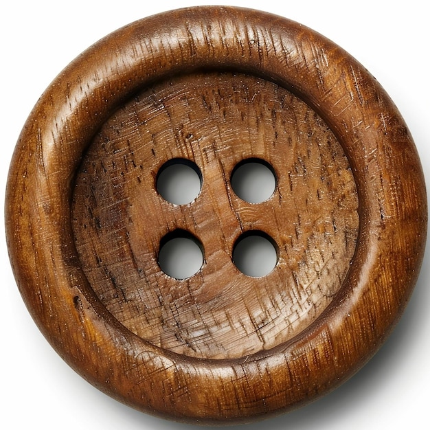 Detailed closeup of a rustic wooden sewing button with four holes showcasing a natural wood grain